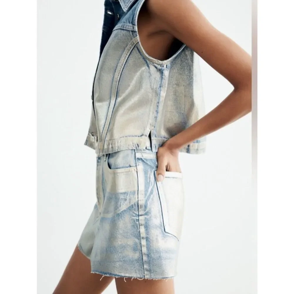 ZARA high-waist foil waxed denim shorts Size 6 NWOT